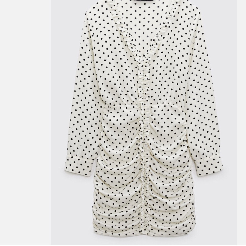 Zara  Black and White ecru Polka Dot Ruched Mini Dress  romantic size Small NWT